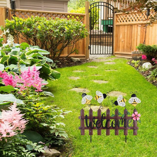 Happy Spring Metal Fence Bee Butterfly Dragonfly Ladybug Art Garden Stakes Decoration for Outdoor Lawn Backyard Porch Pathway Patio