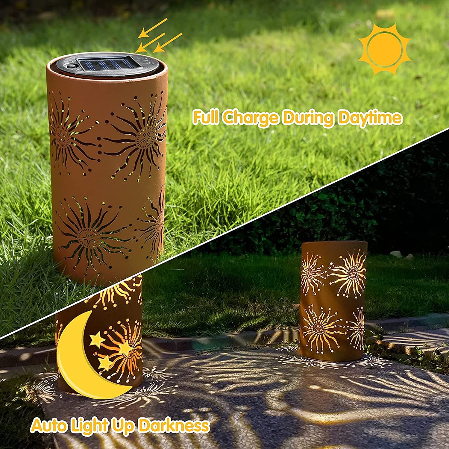 Outdoor Hanging Vintage Orange Finish Metal Sunflower Shape Solar Lantern For Patio Garden Yard Pathway Tabletop