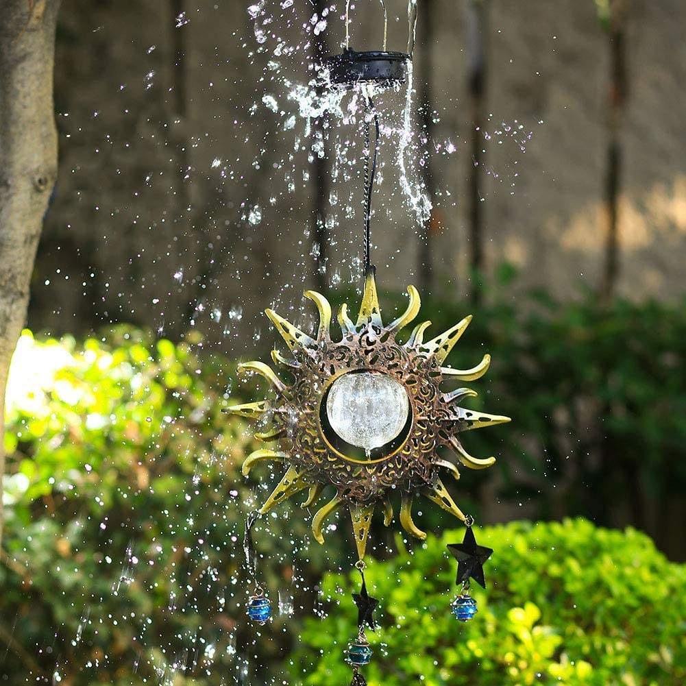 Solar Garden Lights Decoration Hanging Sun Star & Moon Decor Warm White Led Crackle Glass Globe Metal Wind Chimes Outdoor