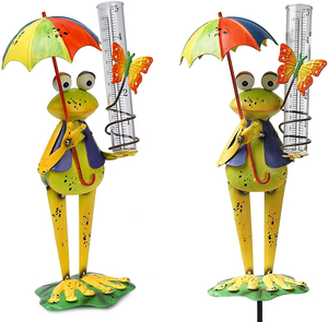 Outdoor Cute Personality Metal Umbrella Frog Rain Gauge Meter For Walkway Patio Pathway Yard Lawn Garden Decor