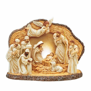 Tabletop Nativity Scene Resin Statue Christian Decorative Sculpture with Lamp