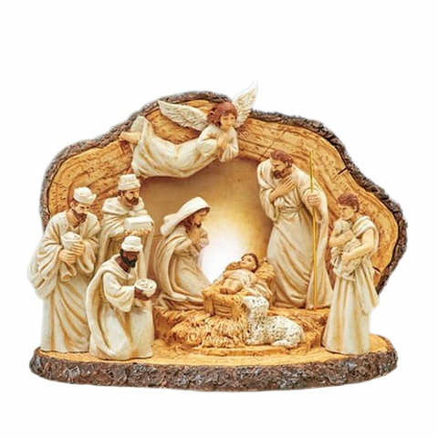 Tabletop Nativity Scene Resin Statue Christian Decorative Sculpture with Lamp