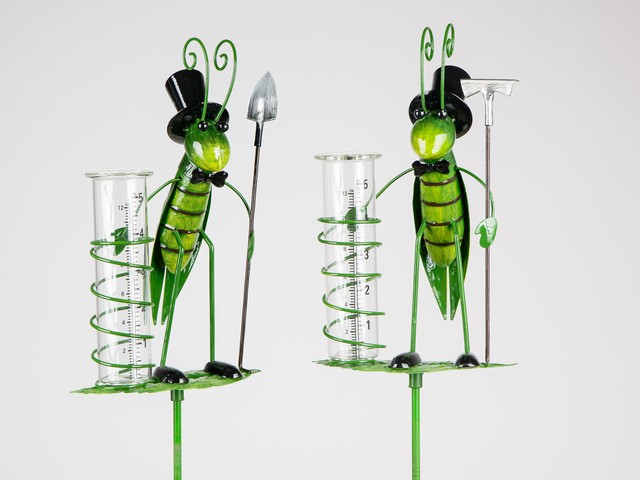 Glass Rain Gauge Metal Grasshopper Shovel Rake Metal Ladybug Figurine