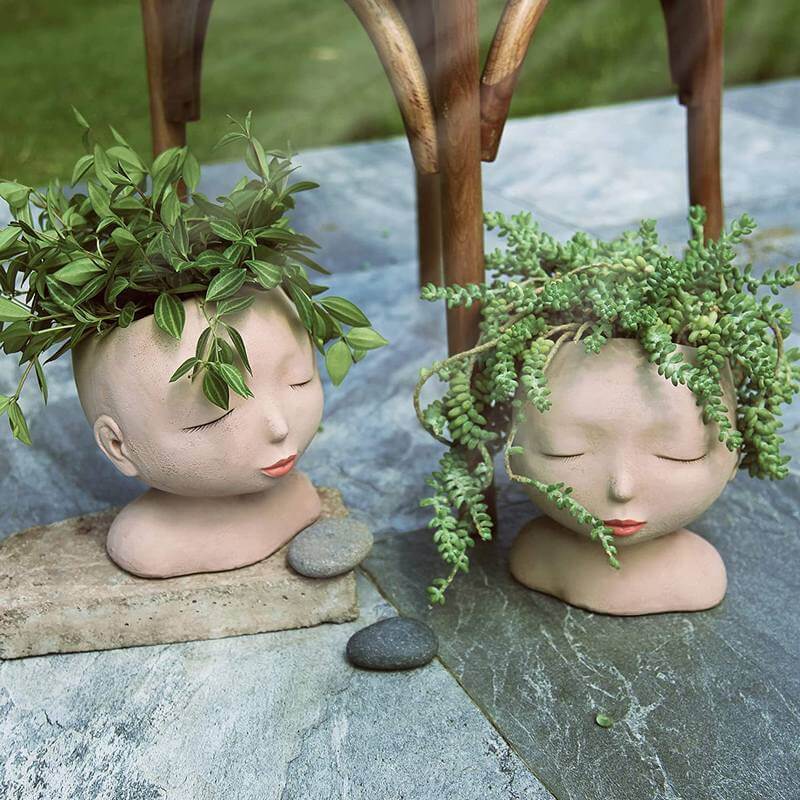 Succulent Planter Girls Face Head Resin Flower Pot with Drain Suitable for Indoor and Outdoor Decor