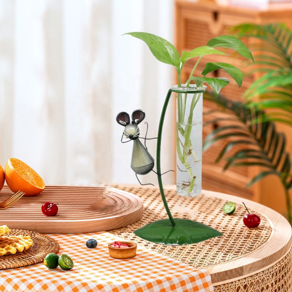 Customize Cute Various Animal Shape Metal Plant Glass Test Tube Flower Hydroponic Vase For Garden Home Decor