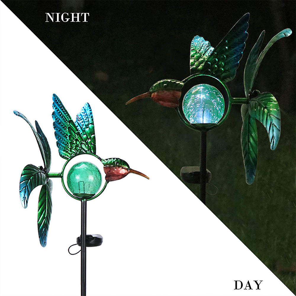 Outdoor Custom Hummingbird Shape Metal Solar Wind Spinner Stake Garden Light For Yard Pathway Lawn Decor