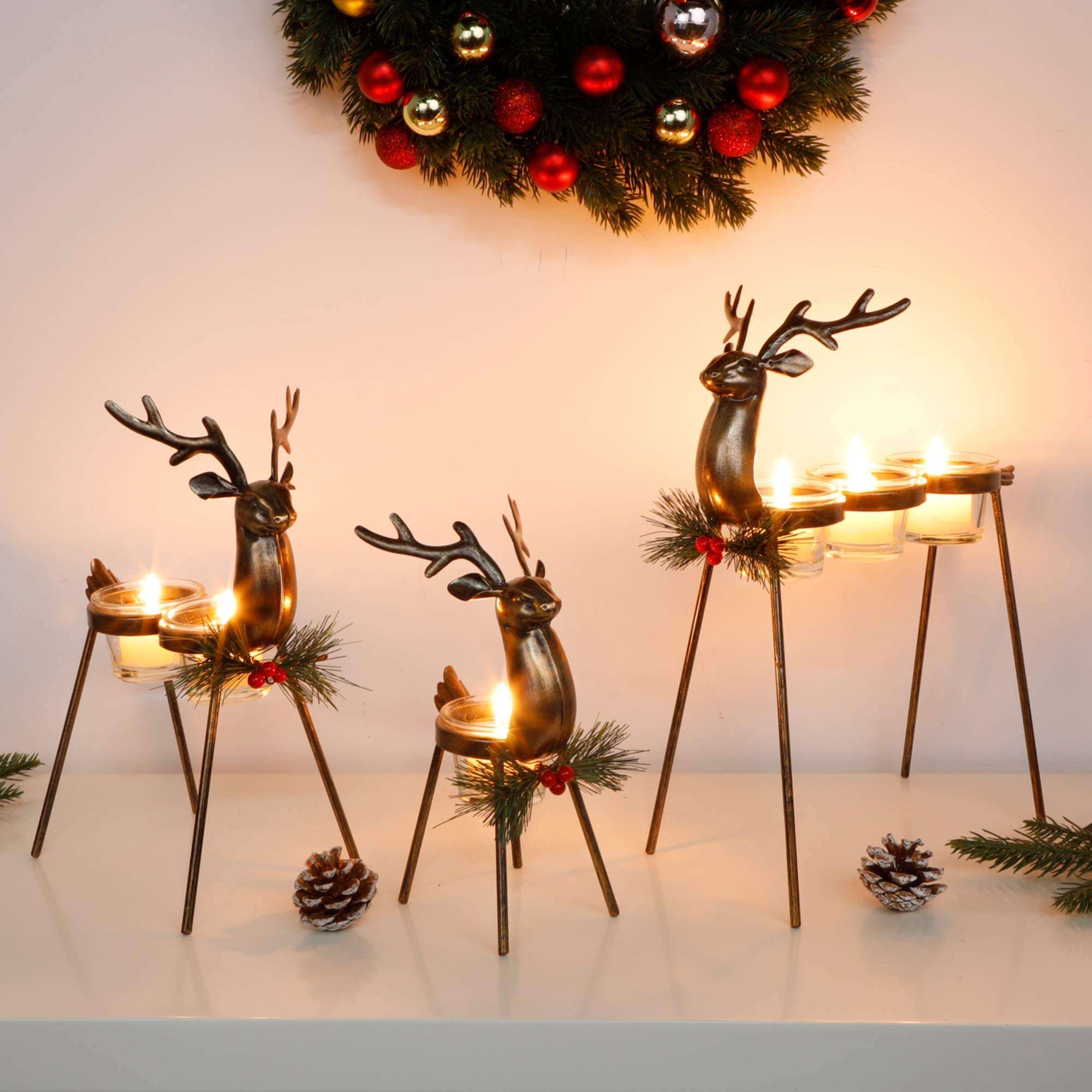 3 Pack Standing Iron Metal Reindeer Tea Light Christmas Candle Holders For Holiday Wedding Tabletop Centerpiece Display