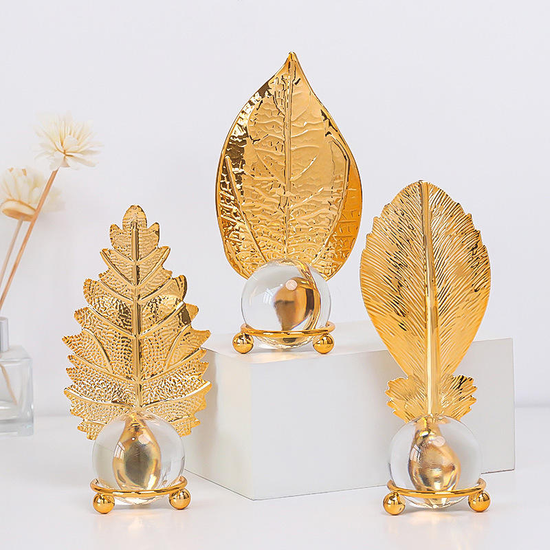 European-Style Iron Art Golden Leaf Crystal Ball Ornaments Creative Home Decoration Table