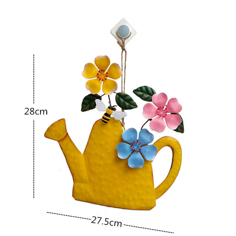 Outdoor Pastoral Style Iron Art Flowers Kettle Wall Decor For Courtyard Balcony Backyard Decoration Pendant