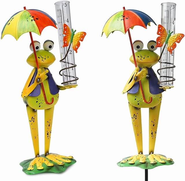 Rain Gauge Stake Yard Garden Stakes Decor Outdoor Metal Frog Figurine with Plastic Tube