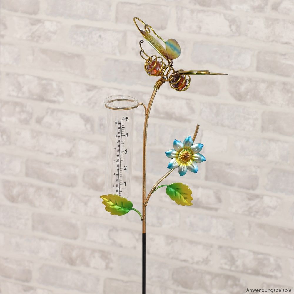 Garden Plug Bee Butterfly Flower Rain Gauge Stake Metal