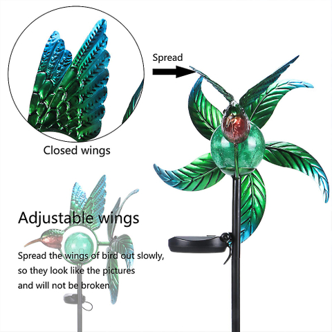 Outdoor Custom Hummingbird Shape Metal Solar Wind Spinner Stake Garden Light For Yard Pathway Lawn Decor