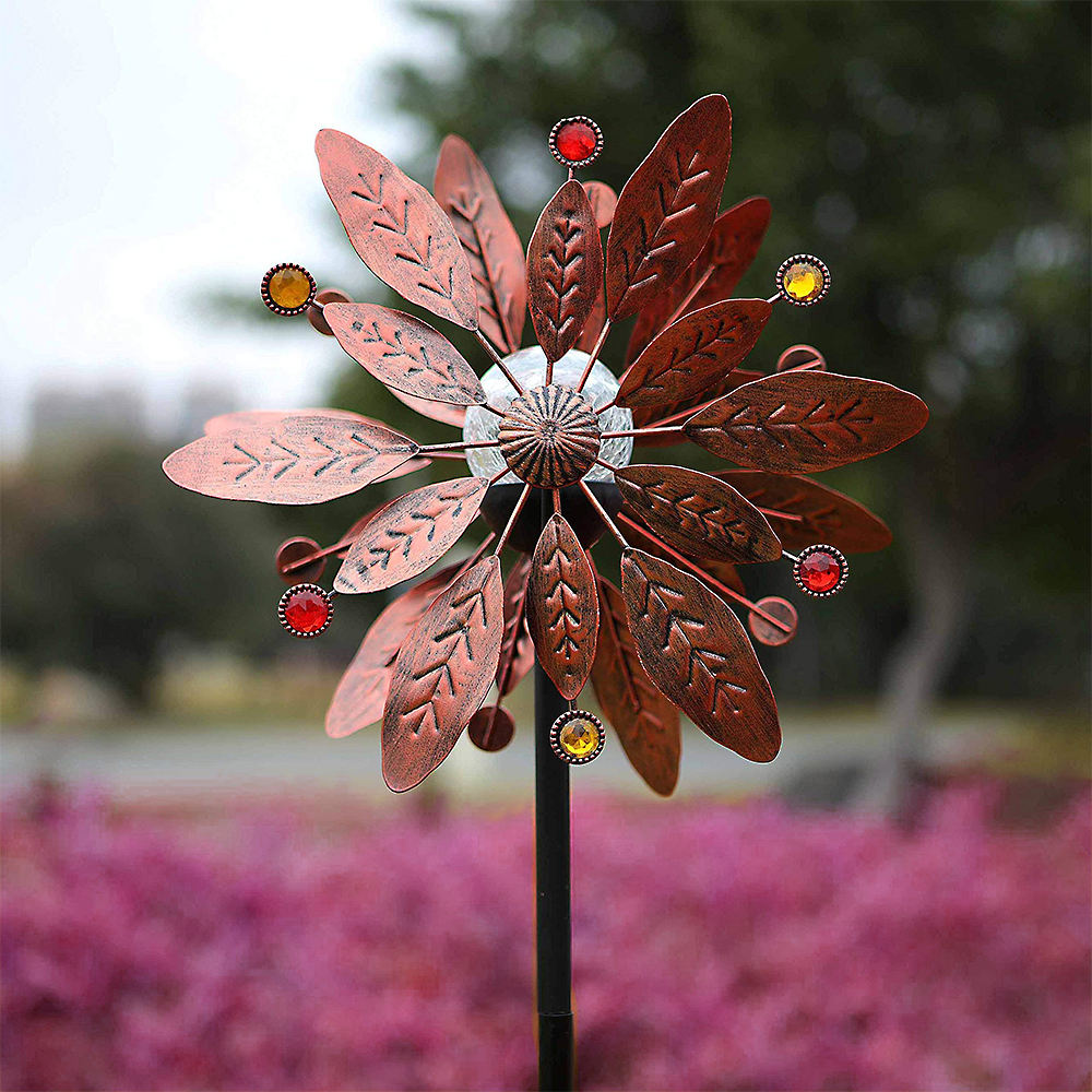 Outdoor Antique Metal Solar Wind Spinner Tree Leaves Color Changing Led Light Stake For Garden Lawn Yard Art Decor