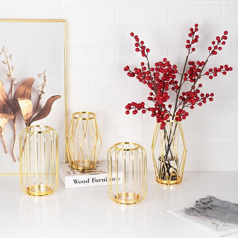Nordic Golden Metal Lantern Vase Decoration Candle Holder Crafts Flower Table Stand