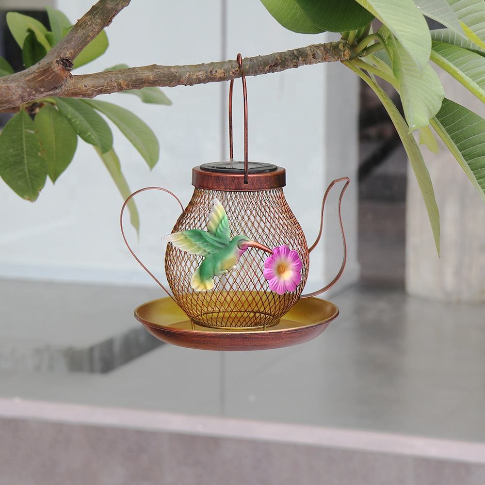 New Outdoor Hanging Metal Kettle Shape Bird Feeder With Solar Garden Lantern Wild Bird Lovers Feeders