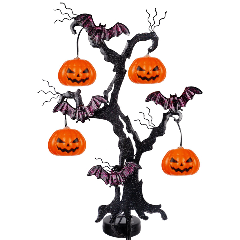 Outdoor Set Of 2 Led Solar Powered Pumpkin Tree Metal Garden Stakes For Halloween Lawn Yard Ornament