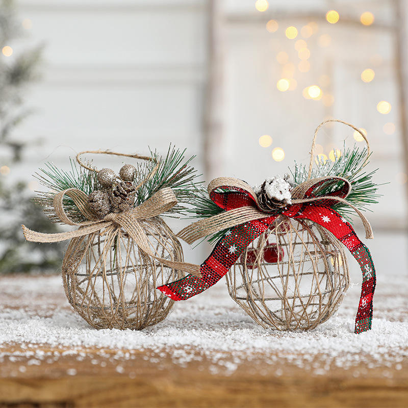 Hot Sale Hollow Champagne Christmas Tree Hanging Ornaments Iron Christmas Ball With Pine Cones And Red Berry