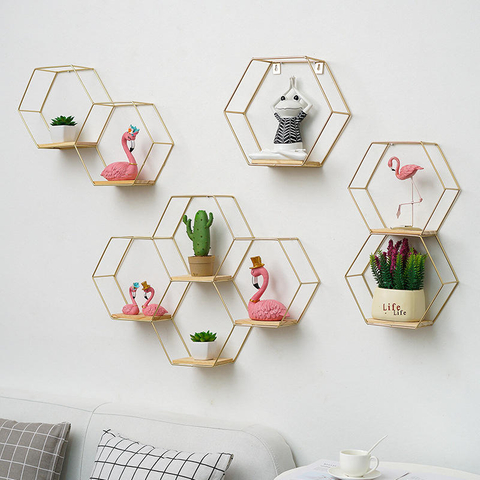 Nordic Storage Rack Living Room Hanging Creative Wall Hexagonal Combination Rack Wall Shelf Metal