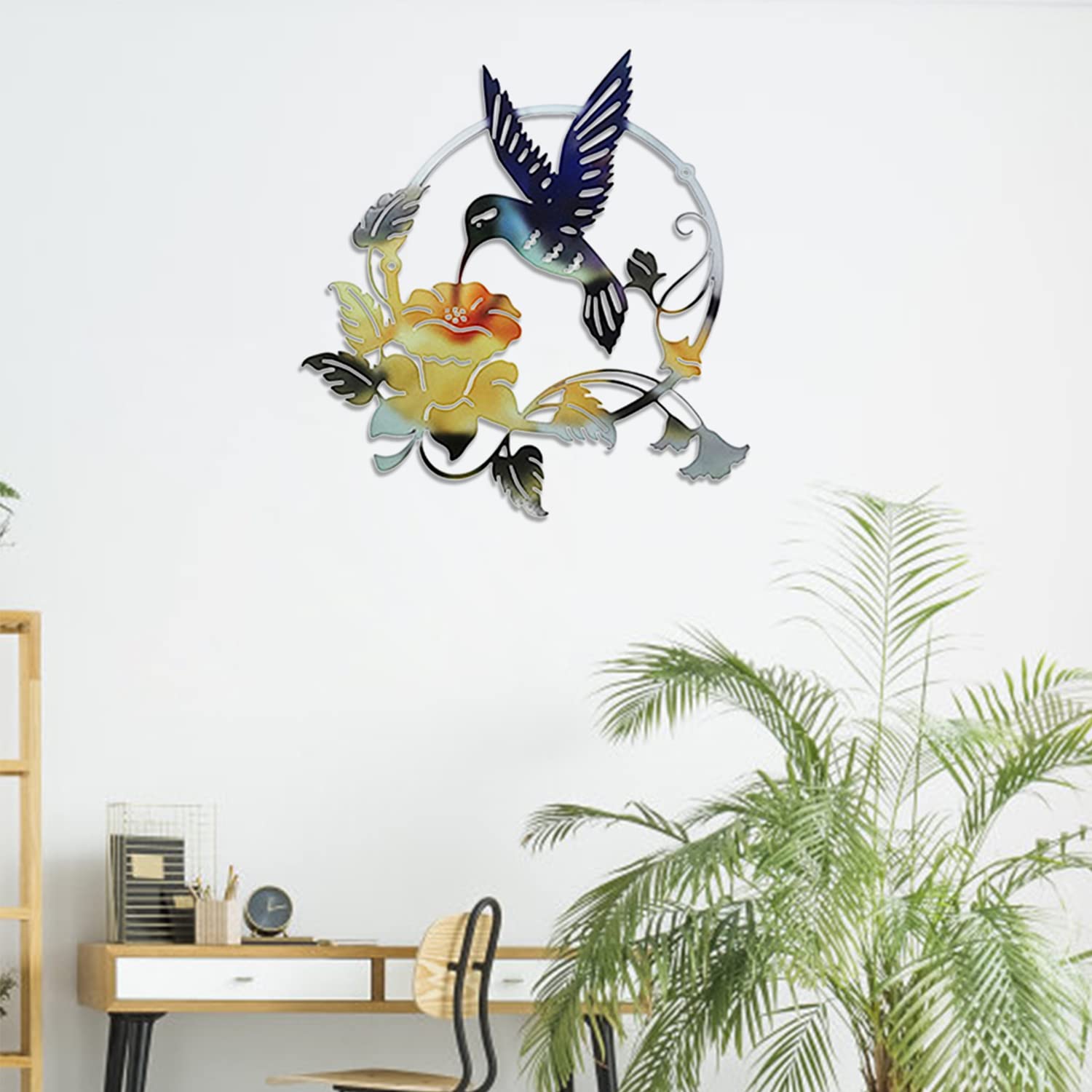 Round Metal Bird Decoration Living Room Hummingbird Flower Outdoor Metal Circle Modern Wall Art