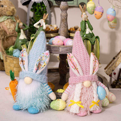 Wholesale Standing Bunny Gnome Holding Carrot And Egg Easter Ornaments Knitted hat dolls
