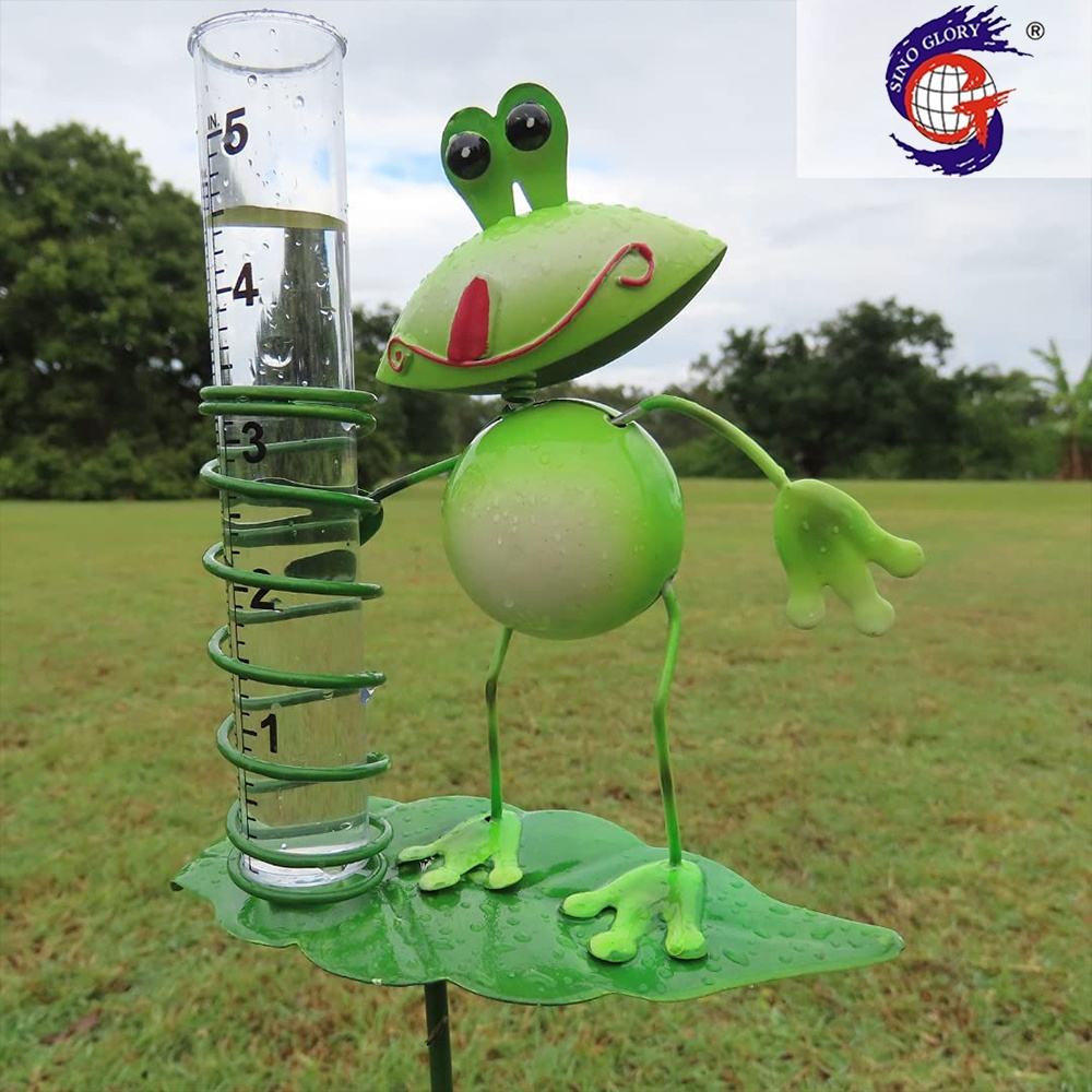 Outdoor Simple Style Cute Frog Rain Gauge Metal Measuring Instrument Stake For Garden Patio Yard Pathway Decoration