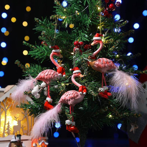 Resin Flamingo Hanging with Santa Hat And Feather Furry for Xmas Theme Party